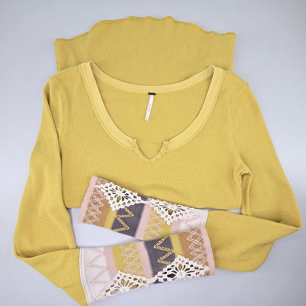Free People Kombucha Crochet Knit Cuff Thermal Top in Lemongrass Size M - Picture 4 of 8